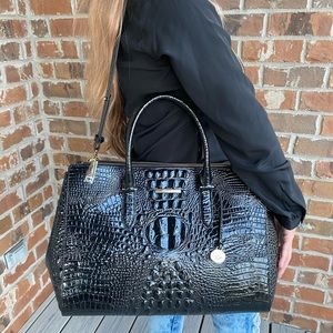 Brahmin Black Croc-Embossed Leather Satchel
